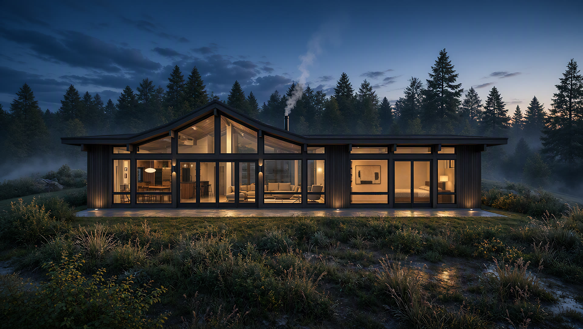 Rummer No. 1 at dusk: post-and-beam rear elevation, glass to the ceiling, lit from within, meadow in the foreground.