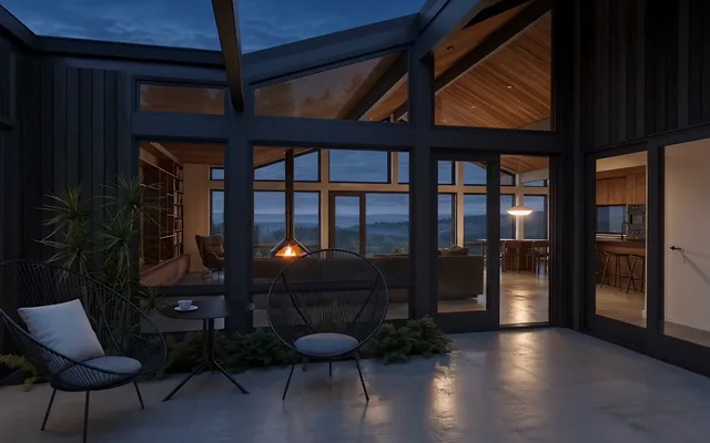 The courtyard atrium of Rummer No. 1 at dusk, looking through the glass to the living room.