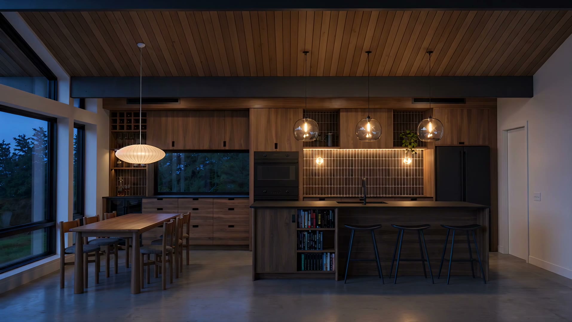 Rummer No. 1: the kitchen at dusk, reached through the glass rear wall.