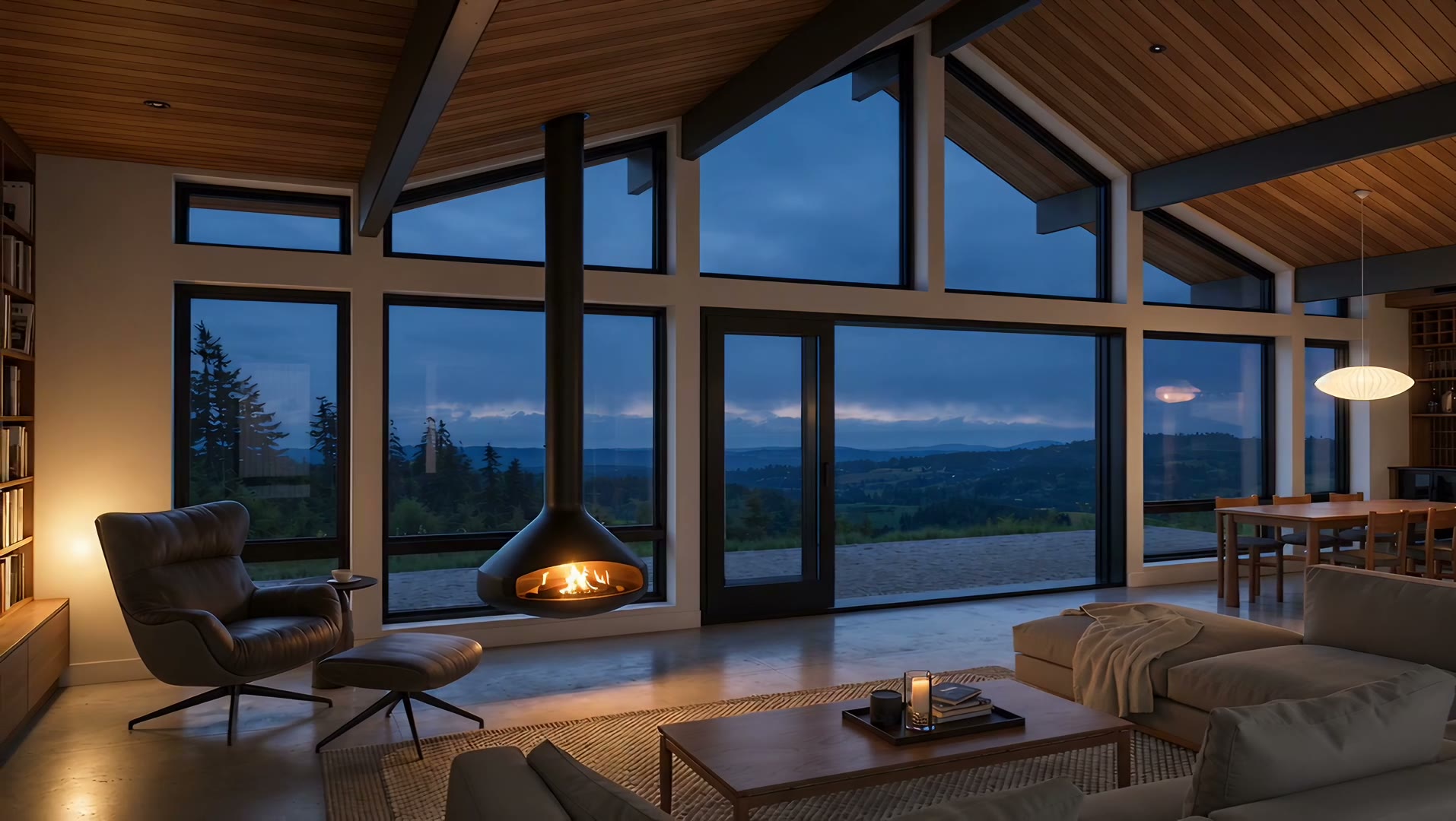 Rummer No. 1: the living room, fire lit, glass walls to the dusk outside.