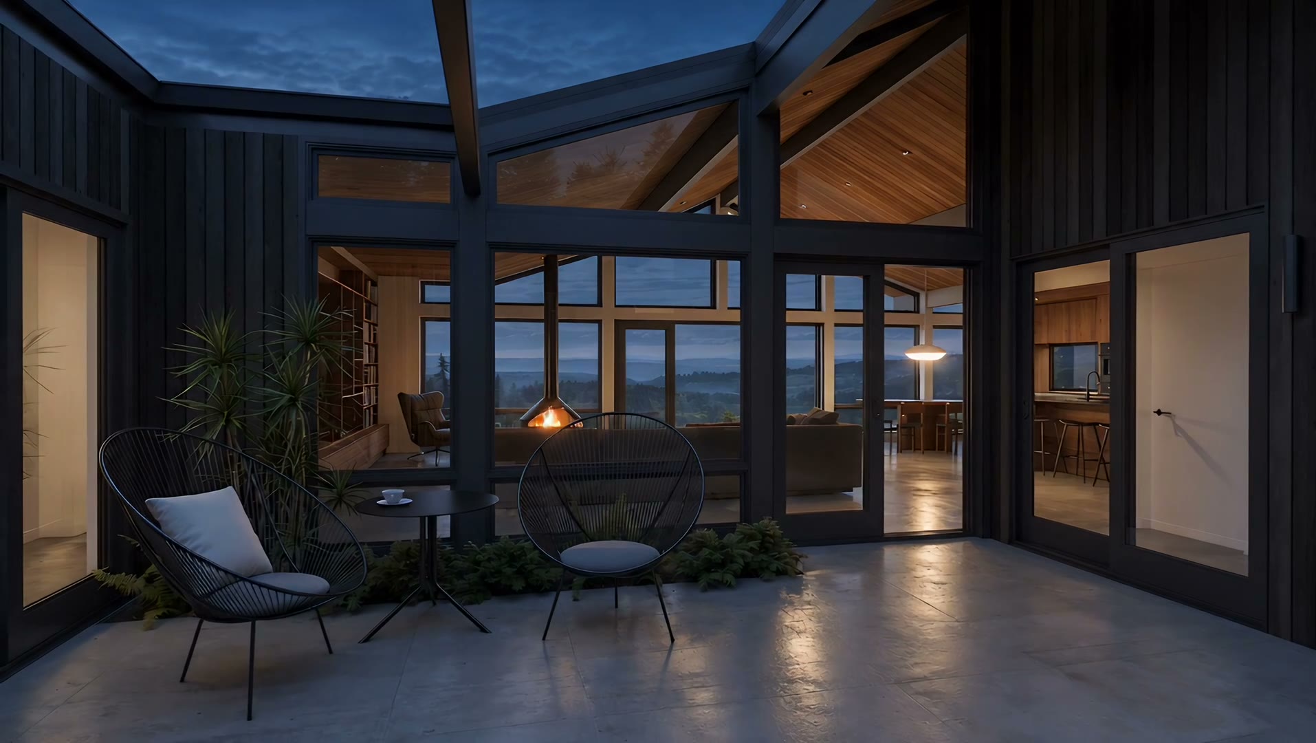Rummer No. 1: the courtyard atrium at dusk, seen from inside the glass.