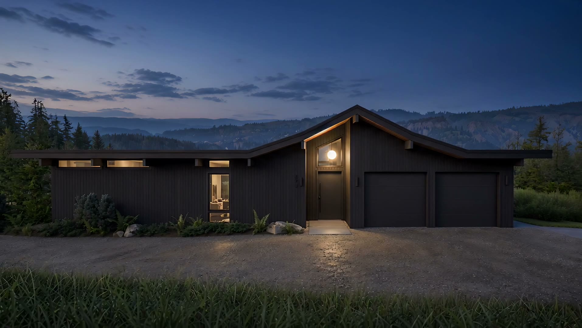 Rummer No. 1: the front elevation at blue hour, charcoal siding, entry lit.